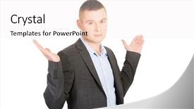  Presentation with undecided - Beautiful PPT theme featuring young businessman making undecided gesture backdrop and a sky blue colored foreground