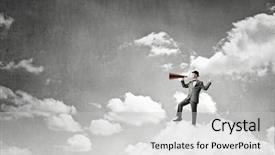  Presentation with trumpet - Audience pleasing slide set consisting of young businessman on cloud screaming emotionally in paper trumpet backdrop and a light gray colored foreground