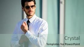  Presentation with look - Colorful slide set enhanced with young-businessman-outdoor-adjusting backdrop and a mint green colored foreground