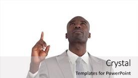  Presentation with upwards - Audience pleasing PPT theme consisting of young businessman pointing upwards backdrop and a light gray colored foreground