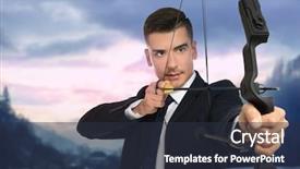  Presentation with archery - Amazing PPT theme having young businessman practicing archery backdrop and a tawny brown colored foreground