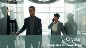  Presentation with elevator - PPT theme consisting of young-businessman-pressing-button background and a ocean colored foreground