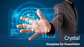  Presentation with modern tech - Amazing slides having young businessman pressing high tech backdrop and a  colored foreground