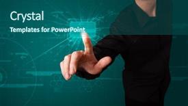  Presentation with high tech - Audience pleasing slide deck consisting of young businessman pressing high tech backdrop and a  colored foreground