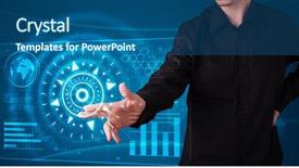 Presentation with high tech - Colorful presentation theme enhanced with young businessman pressing high tech backdrop and a  colored foreground