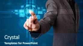  Presentation with modern tech - Audience pleasing presentation design consisting of young businessman pressing high tech backdrop and a ocean colored foreground