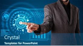  Presentation with high tech - Beautiful slide deck featuring young businessman pressing high tech type of modern buttons backdrop and a ocean colored foreground