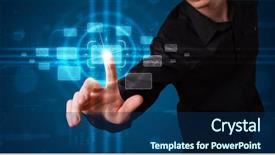  Presentation with high tech - Presentation enhanced with young businessman pressing high tech background and a  colored foreground