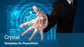  Presentation with high tech - Presentation having young businessman pressing high tech background and a ocean colored foreground