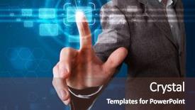  Presentation with modern tech - Presentation with young businessman pressing high tech background and a tawny brown colored foreground