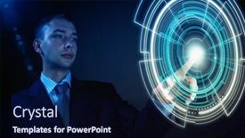  Presentation with high tech - Slide set enhanced with young businessman pressing high tech circle icon on media screen background and a wine colored foreground