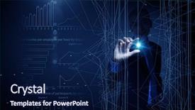  Presentation with high tech - Slide set consisting of young businessman pressing high tech circle icon on media screen background and a navy blue colored foreground