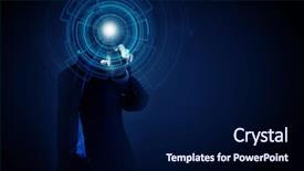  Presentation with high tech - Cool new PPT theme with young businessman pressing high tech circle icon on media screen backdrop and a navy blue colored foreground