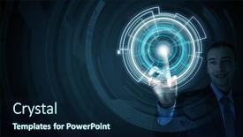  Presentation with tech - Colorful presentation theme enhanced with young businessman pressing high tech circle icon on media screen backdrop and a navy blue colored foreground