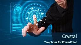  Presentation with modern tech - Cool new PPT theme with young businessman pressing high tech backdrop and a ocean colored foreground