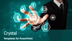  Presentation with virtual - Cool new presentation with young businessman pressing virtual media type of buttons backdrop and a ocean colored foreground