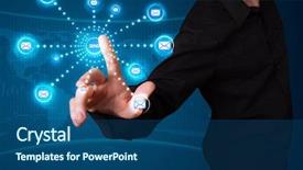  Presentation with virtual team global - Colorful PPT theme enhanced with young businessman pressing virtual messaging backdrop and a ocean colored foreground