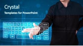  Presentation with virtual keyboard - Slides having young businessman pressing virtual type background and a ocean colored foreground