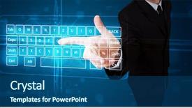  Presentation with virtual keyboard - Presentation theme having hand pushing touch screen interface - young businessman pressing virtual type background and a ocean colored foreground