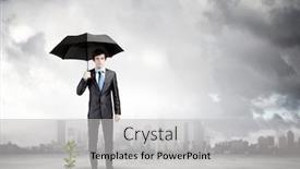  Presentation with sprout - Slides featuring young businessman protecting little sprout with umbrella background and a light gray colored foreground