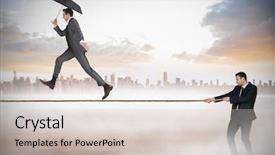  Presentation with horizon - Presentation design having young businessman pulling a tightrope for business man against cityscape on the horizon background and a lemonade colored foreground
