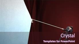  Presentation with curtain - Presentation design enhanced with young businessman pulling curtain with rope place for text background and a wine colored foreground