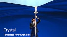  Presentation with curtain - Audience pleasing presentation consisting of young businessman pulling curtain with rope place for text backdrop and a navy blue colored foreground