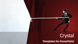  Presentation with curtain - Presentation theme consisting of young businessman pulling curtain with rope place for text background and a wine colored foreground