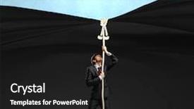  Presentation with curtain - PPT theme consisting of young businessman pulling curtain with rope place for text background and a dark gray colored foreground