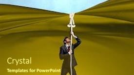  Presentation with curtain - Slide set featuring young businessman pulling curtain with rope place for text background and a tawny brown colored foreground