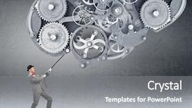  Presentation with mechanical gear mechanism team work - PPT theme enhanced with young businessman pulling gears mechanism background and a gray colored foreground