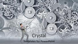  Presentation with mechanic gears - Slide deck having young businessman pulling gears mechanism background and a light gray colored foreground
