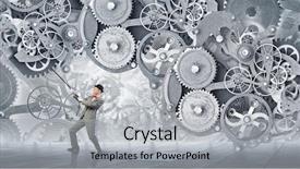  Presentation with mechanic gears - Presentation theme consisting of young businessman pulling gears mechanism background and a light gray colored foreground