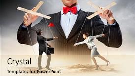  Presentation with leadership - Presentation design with young businessman puppeteer leadership background and a lemonade colored foreground