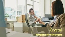  Presentation with hand sanitizer - PPT theme having young-businessman-putting-off-protective background and a violet colored foreground