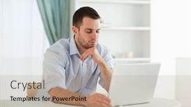  Presentation with mail - PPT theme with young businessman reading an e-mail background and a coral colored foreground