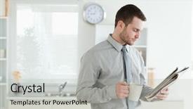  Presentation with news - Audience pleasing slide deck consisting of young businessman reading the news backdrop and a light gray colored foreground