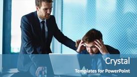  Presentation with colleague farewell goodbye - Slide set enhanced with stress - young businessman reassuring his frustrated background and a teal colored foreground