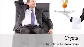  Presentation with butler - PPT theme consisting of young businessman relaxing on a sofa while the butler serving a cocktail isolated on white background and a light gray colored foreground