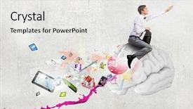  Presentation with human brain - Colorful PPT theme enhanced with young businessman riding human brain backdrop and a white colored foreground