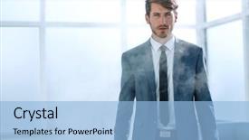  Presentation with running - Cool new slide deck with young businessman running an evacuation backdrop and a light blue colored foreground