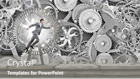  Presentation with mechanism - Amazing slide set having young businessman running in wheel of gears mechanism backdrop and a gray colored foreground
