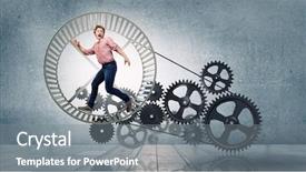  Presentation with mechanic gears - Presentation design enhanced with young businessman running in wheel background and a  colored foreground