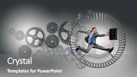  Presentation with mechanic gears - Presentation theme featuring young businessman running in wheel background and a  colored foreground