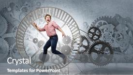  Presentation with gears - Amazing presentation having young businessman running in wheel backdrop and a  colored foreground