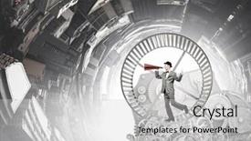  Presentation with trumpet - PPT theme enhanced with young businessman running in wheel and screaming emotionally in paper trumpet background and a light gray colored foreground