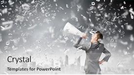  Presentation with trumpet - Slide deck consisting of young businessman screaming emotionally in paper trumpet background and a light gray colored foreground