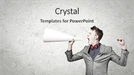  Presentation with trumpet - PPT layouts consisting of young businessman screaming emotionally in paper trumpet background and a light gray colored foreground