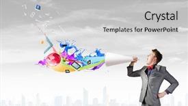  Presentation with trumpet - Presentation having young businessman screaming emotionally in paper trumpet background and a light gray colored foreground