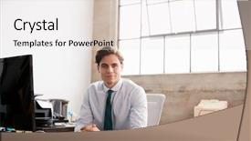  Presentation with front office - Colorful presentation theme enhanced with young businessman sitting at office backdrop and a white colored foreground